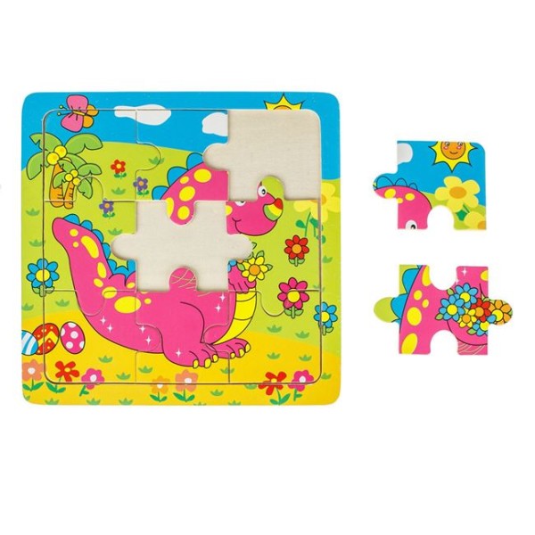 Puzzle din Lemn, Dinozaur 9 Piese, Multicolor, 14.5x14.5cm, Varsta 3+ Ani 