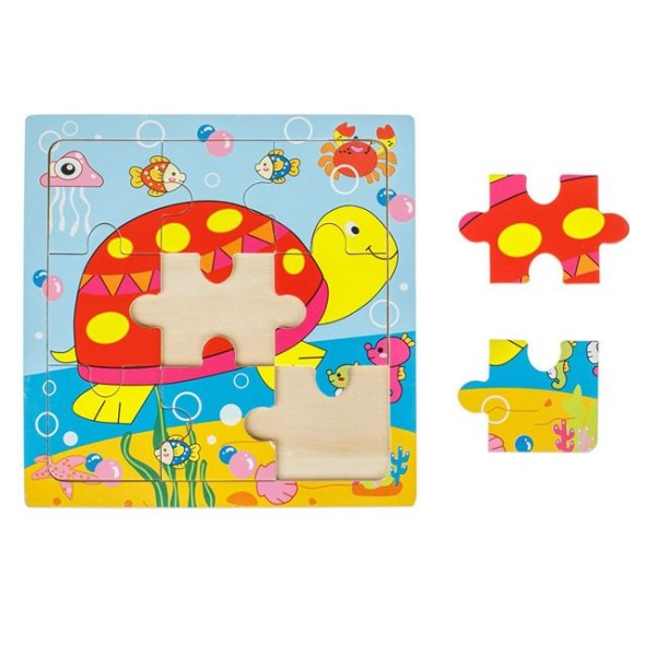 Puzzle din Lemn, Broasca Testoasa 9 Piese, Multicolor, 14.5x14.5cm, Varsta 3+ Ani