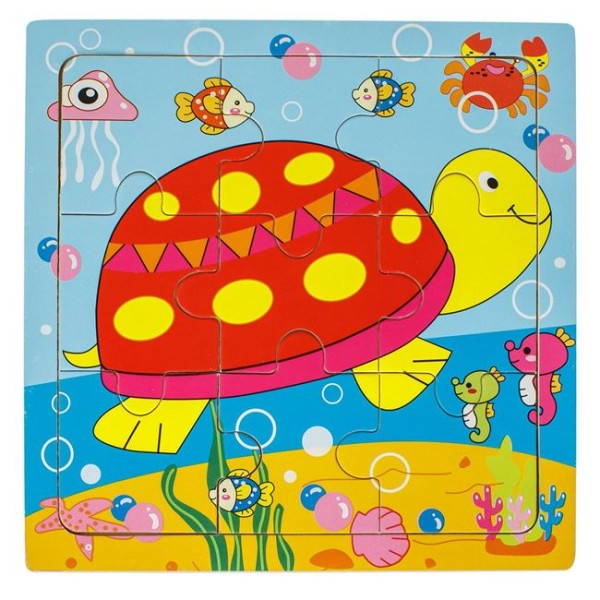 Puzzle din Lemn, Broasca Testoasa 9 Piese, Multicolor, 14.5x14.5cm, Varsta 3+ Ani