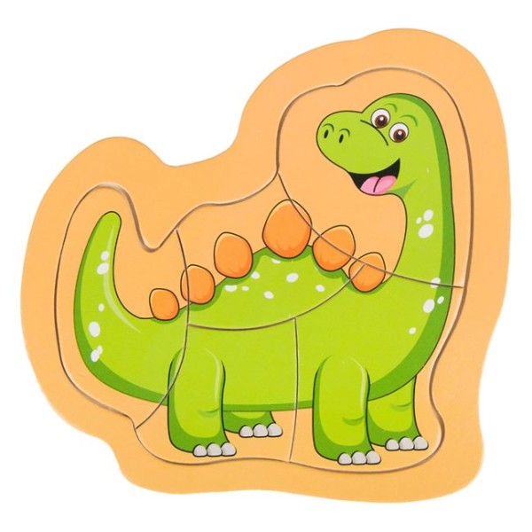 Puzzle din Lemn, Dinozaur  5 Piese, Verde, 14.5x14cm, Varsta 3+ Ani