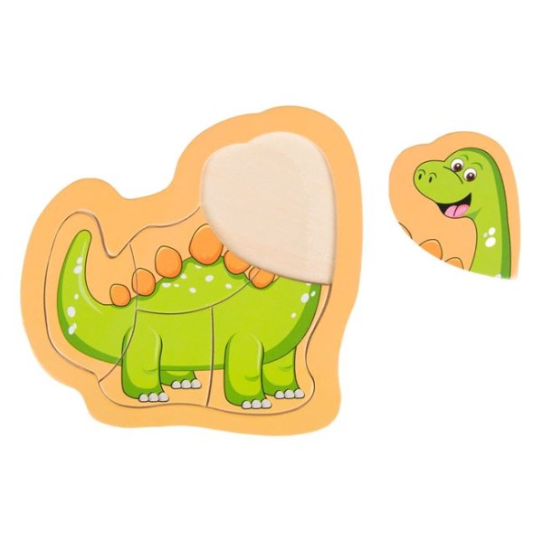 Puzzle din Lemn, Dinozaur  5 Piese, Verde, 14.5x14cm, Varsta 3+ Ani