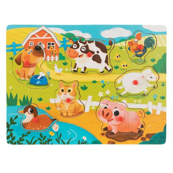 Puzzle din Lemn Ferma Animale, 7 Piese, Multicolor, 30x22.5cm, Varsta 3+ Ani