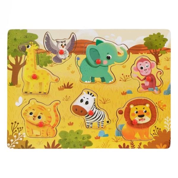 Puzzle din Lemn cu Animale, 7 Piese, Multicolor, 30X22 cm, Varsta 3+ Ani