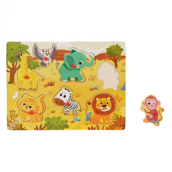 Puzzle din Lemn cu Animale, 7 Piese, Multicolor, 30X22 cm, Varsta 3+ Ani