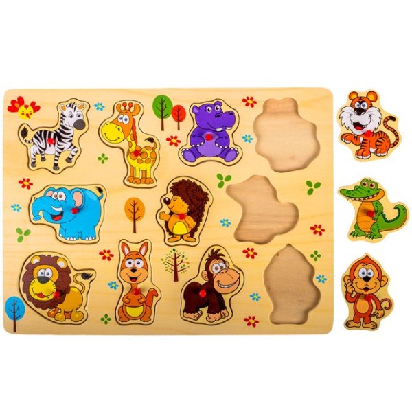 Puzzle din Lemn Animale Jungla , 11 Piese, Multicolor, 30x22cm, Varsta 3+ Ani