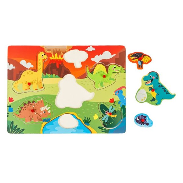 Puzzle din Lemn cu Dinozauri, 7 Piese, Multicolor, 30x22cm, Varsta 3+ Ani