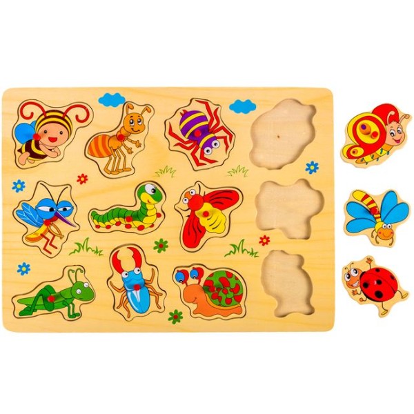 Puzzle din Lemn cu insecte, 12 Piese, Multicolor, 30x22cm, Varsta 3+ Ani