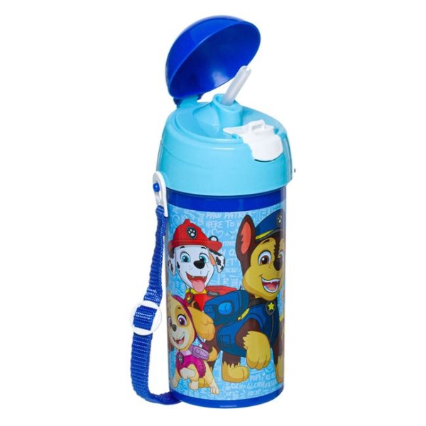 Sticla Apa din Plastic pentru Copii, Pop Up cu pai, Paw Patrol, Albastru , 7x19cm, 500 ml