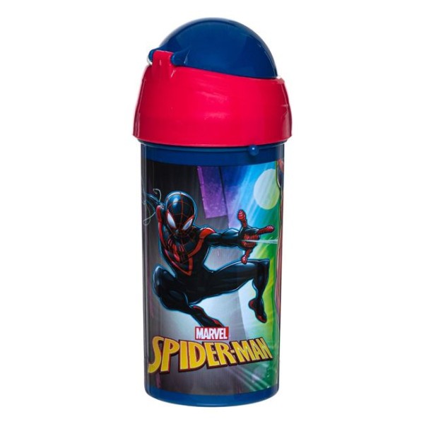 Sticla Apa din Plastic pentru Copii, Pop Up cu pai, Spiderman, Albastru , 7x19cm, 500 ml