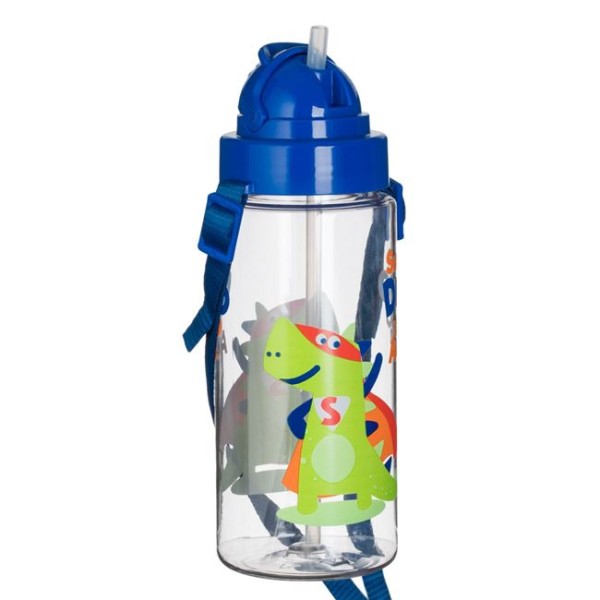 Sticla Apa din Plastic pentru Copii, Pop Up cu pai, Dinozauri, Transparenta  , 7x19cm, 500 ml