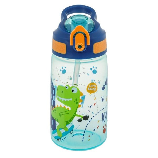 Sticla Apa din Plastic pentru Copii, Pop Up cu pai si maner inelar, Dinozauri , Albastru , 7x17cm, 500 ml